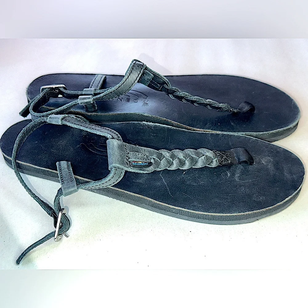 Rainbow Womens 8 8.5 9 Large T Street Black Leather Sandals Shoes‎